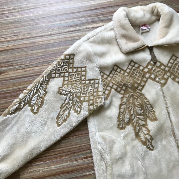Milton Funwear Plush Fleece Jacket Cream & Beige Feather Design Oversized 90s - Picture 4 of 9